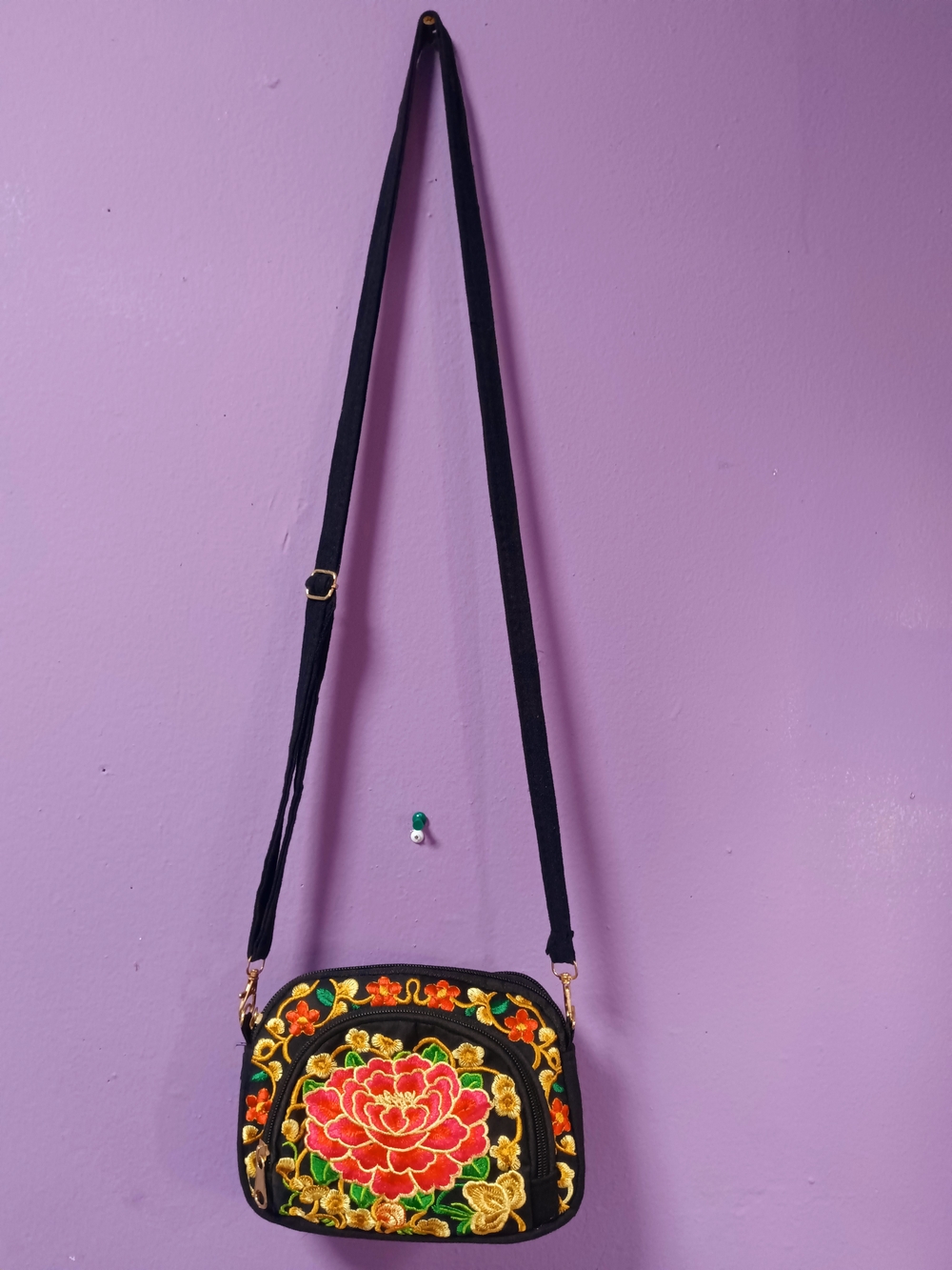 SHEIN Black Embroidered Floral Crossbody Bag with Red & Gold Accents